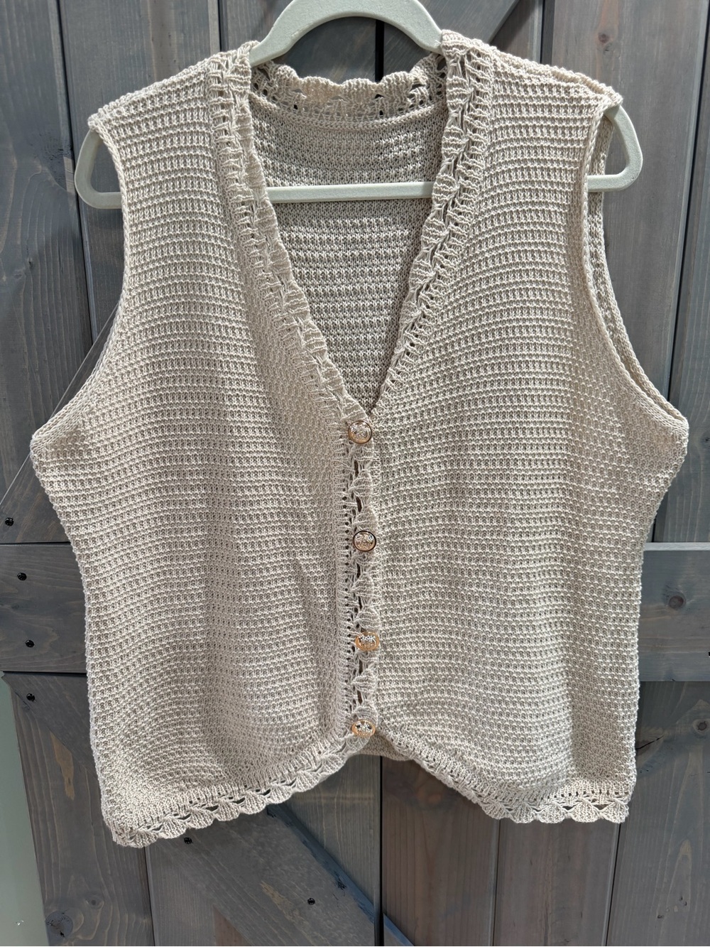 Beige Crochet Knit Button Front Sweater Vest Boho Cottagecore Women’s Large Fit